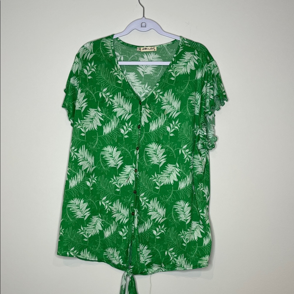 Leafy Green Button-Up Blouse